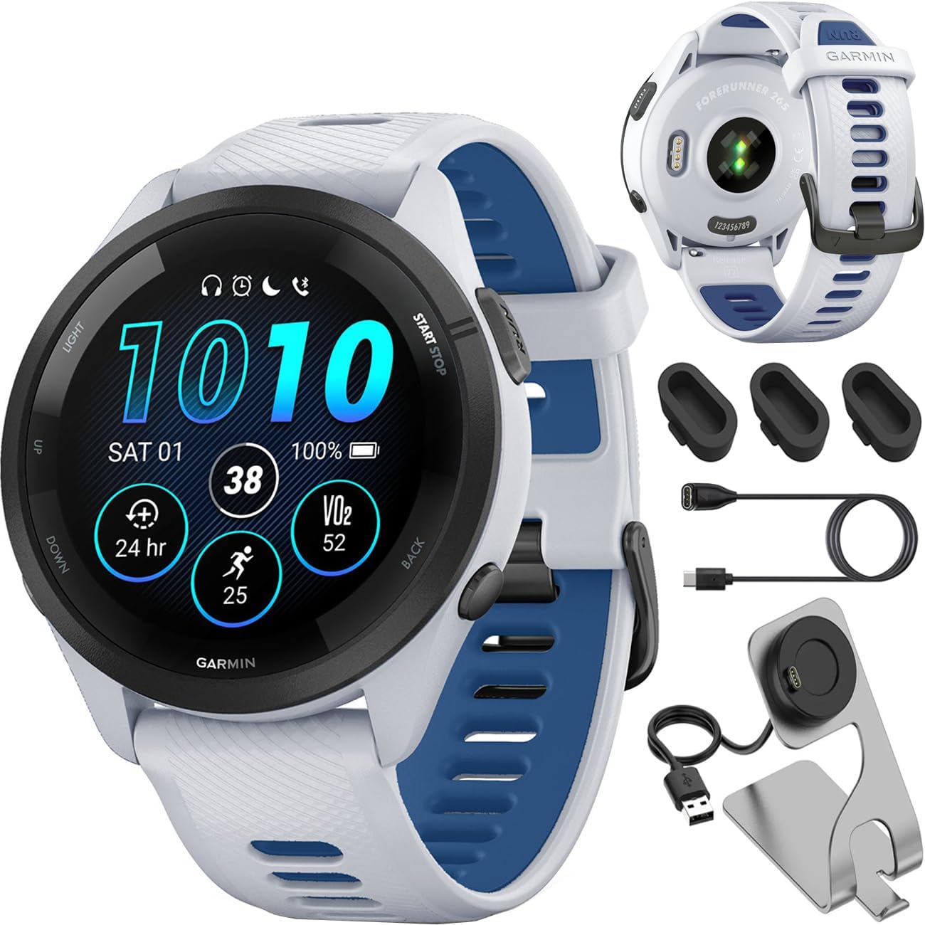 Garmin Forerunner 265 GPS Smartwatch, Whitestone/Tidal Blue Bundle with Deco Essentials Charging Dock Venu 3 + Silicone Dust Cover + USB Type C Charging and Sync Cable