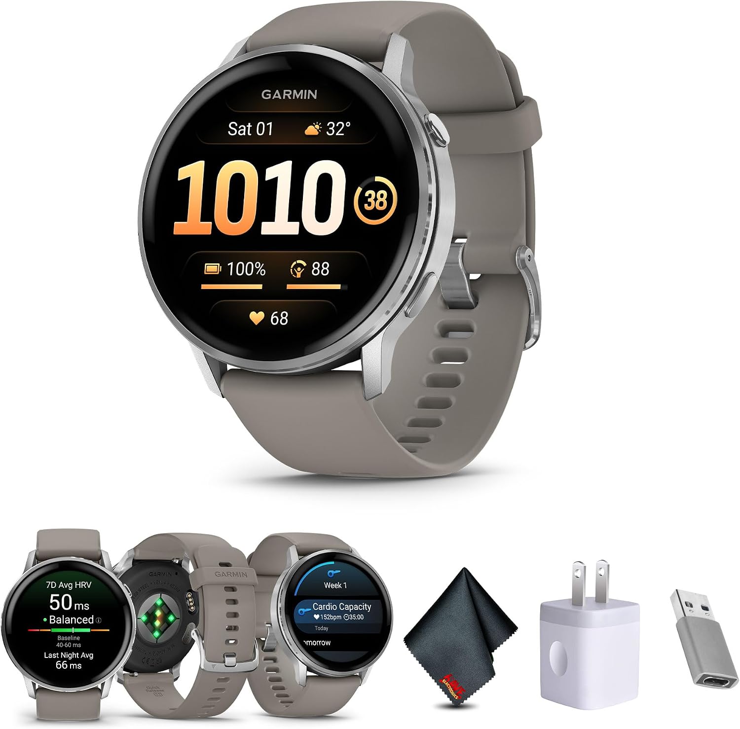 Garmin Venu 4, 45mm, Advanced Fitness Tracker GPS Smartwatch, 1.4' AMOLED Display, Built-in Flashlight, 12 Days of Battery Life, Silver with Silver Gray Silicone Band (Watch Bundle)