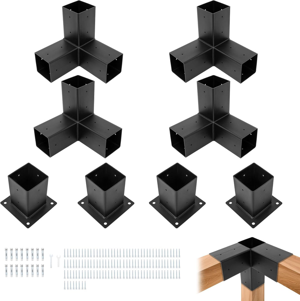 Pergola Brackets Kit (Actual 3.9''x3.9'') 4x4 Woodworks Pergola Kit with 3-Way Right Angle Corner Bracket and Base Bracket DIY Elevated Wood Stand Kit for Outdoor