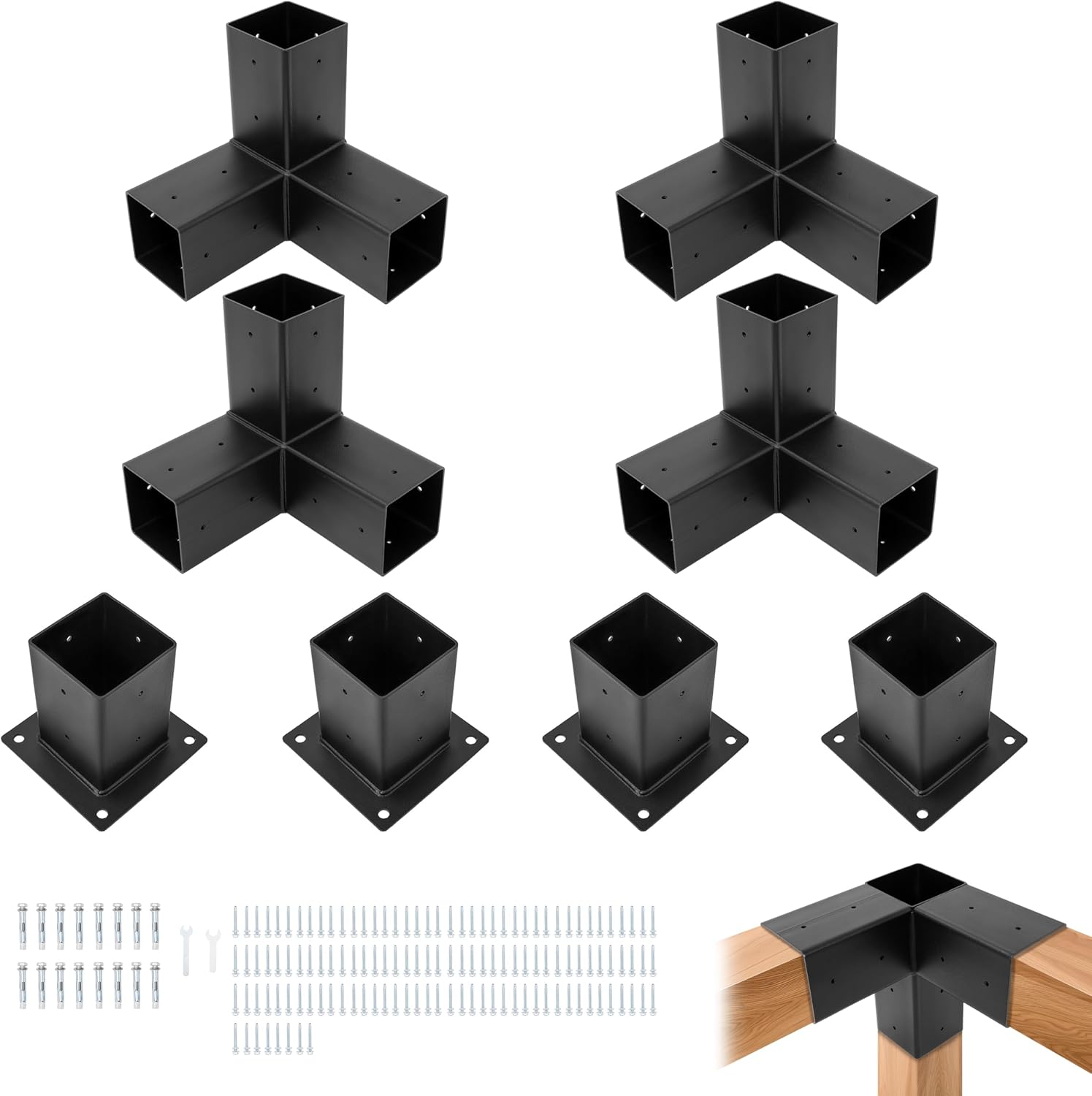Pergola Brackets Kit (Actual 3.9''x3.9'') 4x4 Woodworks Pergola Kit with 3-Way Right Angle Corner Bracket and Base Bracket DIY Elevated Wood Stand Kit for Outdoor