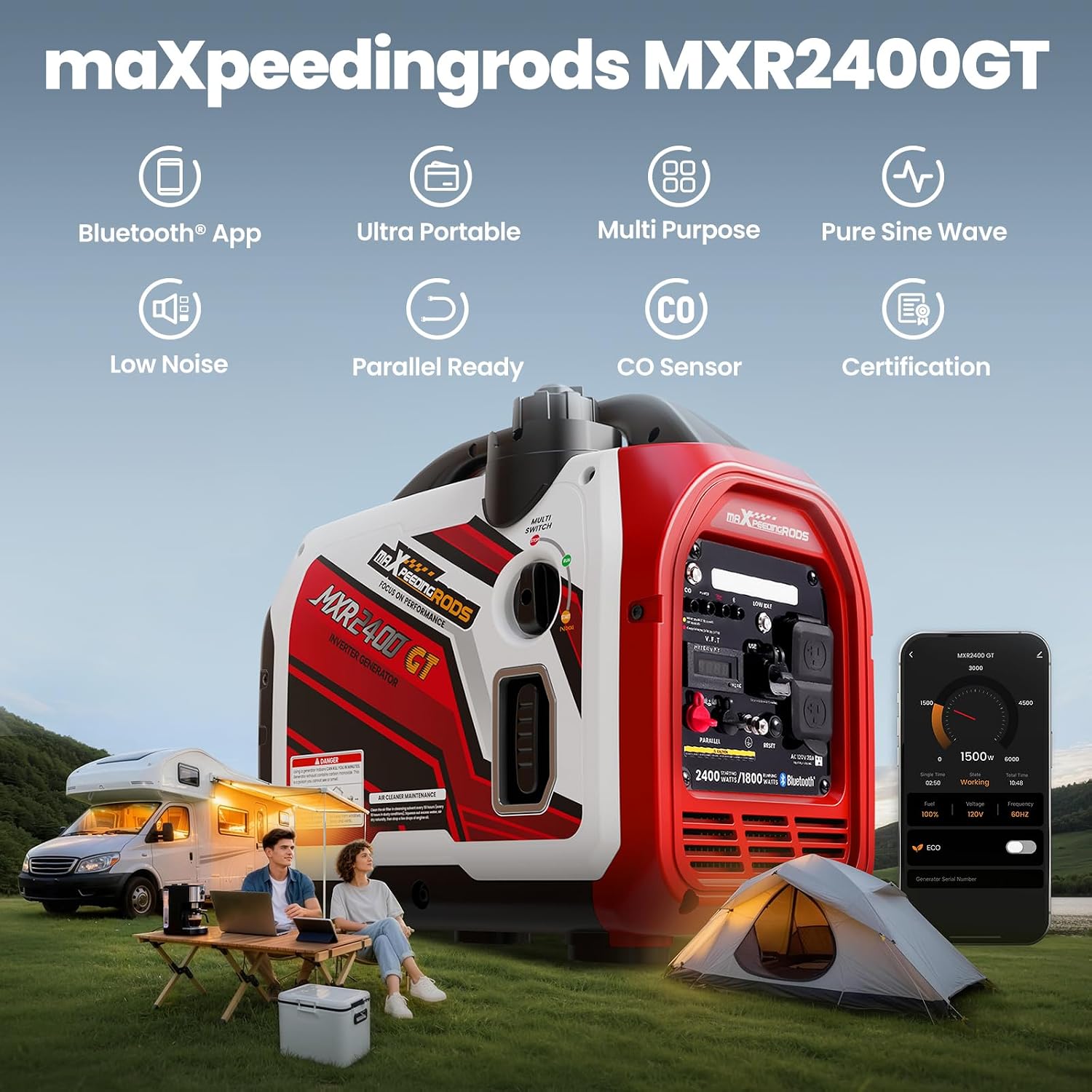 maXpeedingrods 2400 Watt Portable Inverter Generator Gas Powered, Bluetooth® App Remote Data Monitor,Only 33lbs, Compact and Lightweight for Outdoor Camping, Home Use