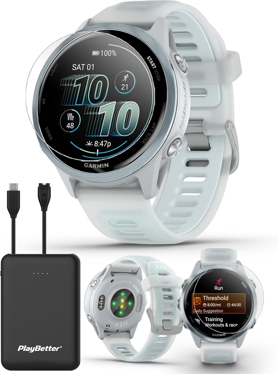 PlayBetter Garmin Forerunner 570 (42 mm, Cloud Blue/Translucent Whitestone) Running GPS Smartwatch - AMOLED Display, Training & Recovery - Bundle Portable Charger & HD Screen Protectors