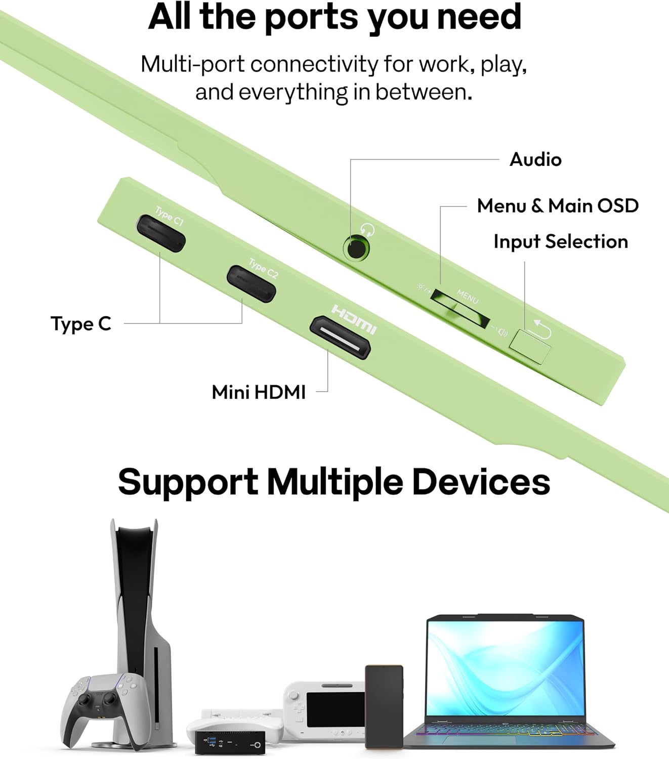 Pixio PX160 Wave Mint Green Portable Monitor 15.6 inch 60Hz FHD 1080p IPS Panel HDR Screen Cover Stand USB-C HDMI Laptop Screen Extender Portable Monitor for Laptop, PC, Console, Phone