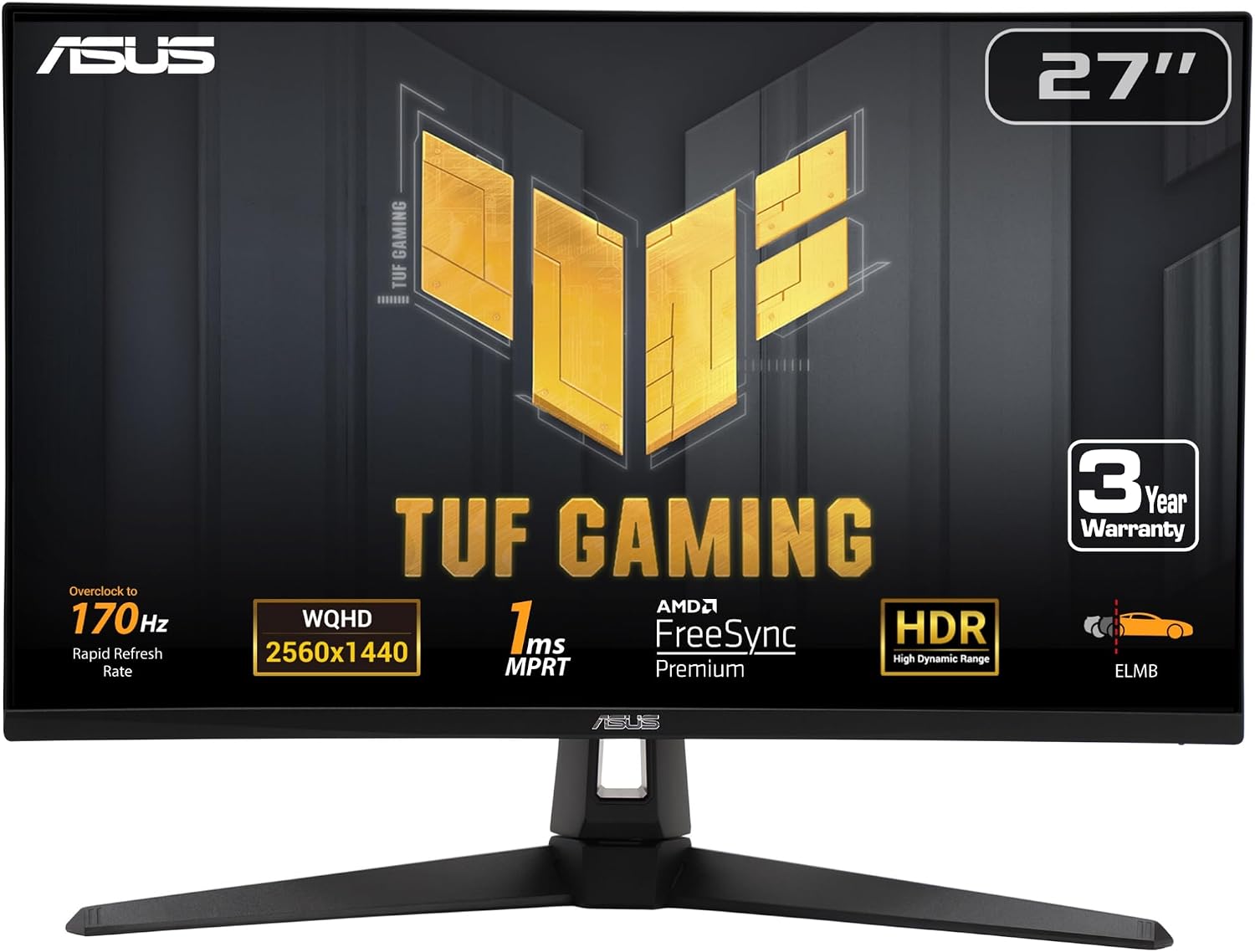 ASUS TUF Gaming 27' 1440P Monitor (VG27AQA1A) - QHD (2560 x 1440), 170Hz (Supports 144Hz), 1ms, Extreme Low Motion Blur, Freesync Premium, Eye Care, HDMI, DisplayPort, Shadow Boost, Speakers, HDR