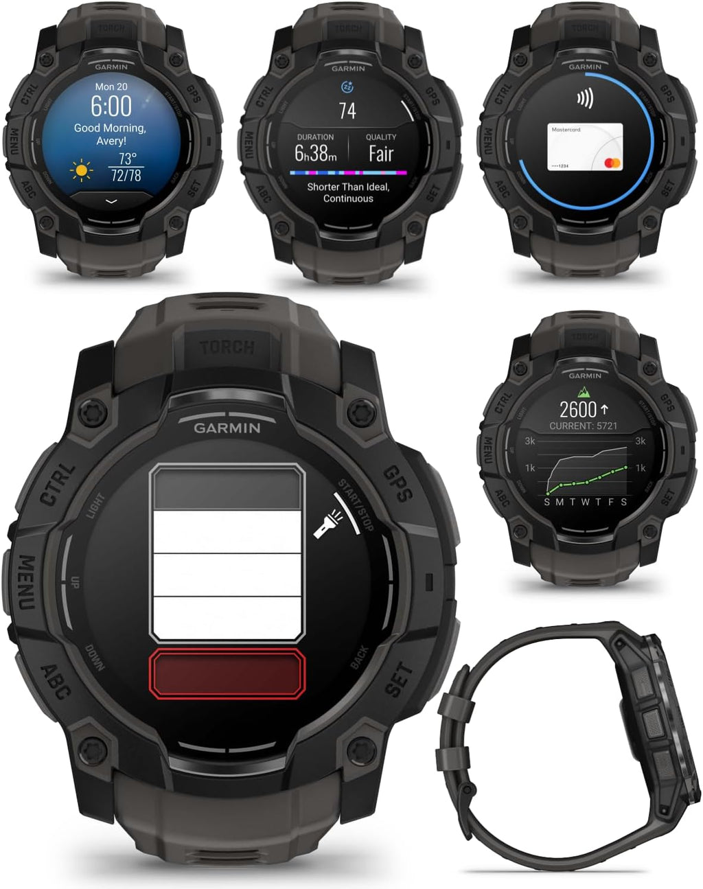 Garmin Instinct 3 50 mm, AMOLED Display, Rugged Outdoor GPS Smartwatch, Metal-Reinforced Bezel, Built-in Flashlight, Up to 18 Days of Battery Life, Black with Charcoal Band Bundle