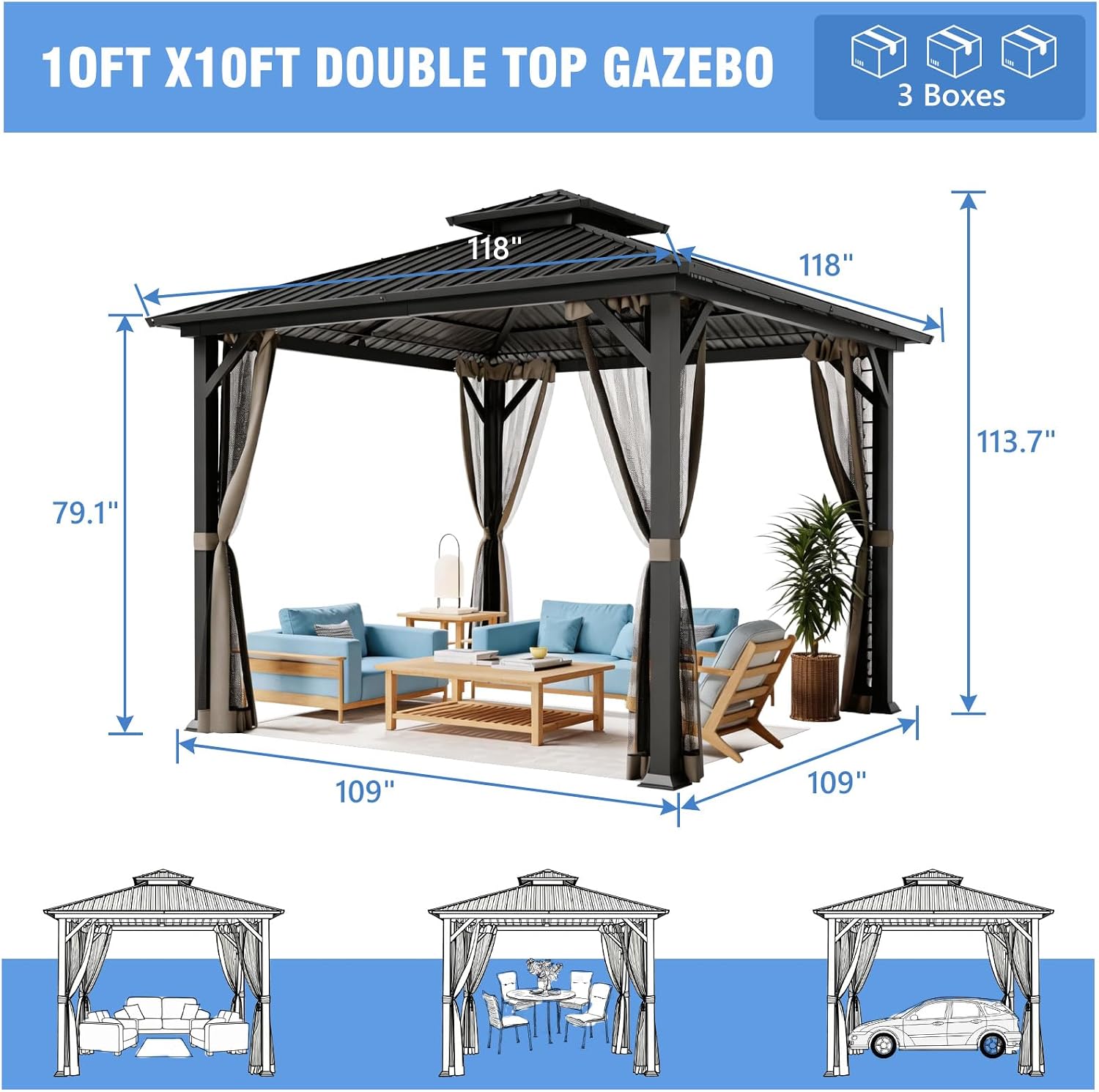 10x10 Hardtop Gazebo, Metal Gazebo with Frame, Outdoor Gazebos with Mosquito Net, Double Roof Hard Top Gazebos for Patios
