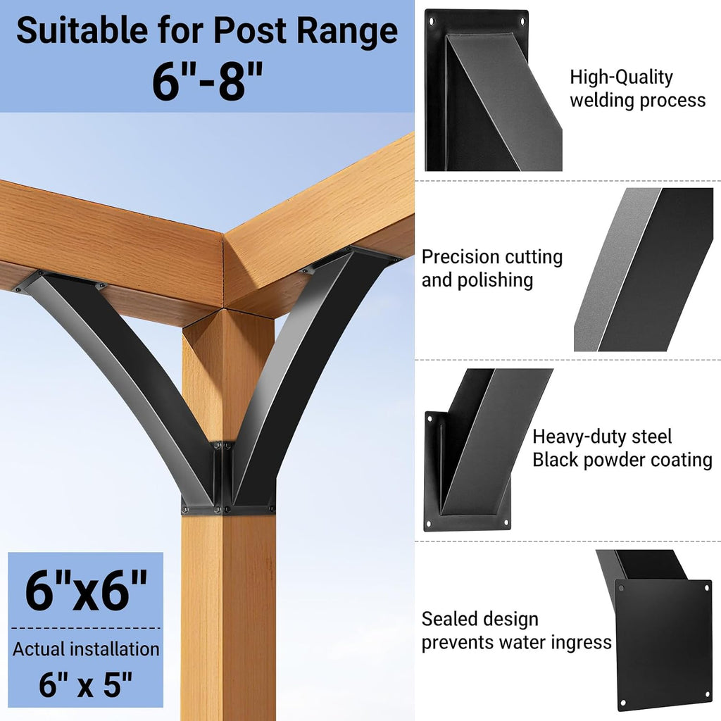 Heavy Duty Arc 45 Degree Angle Bracket, Wood Pergola Bracket Kit-4 Pcs for 6''x6'' Post, Pergola Accessories, for Gazebos, Decks, Porches, Log Cabins etc., Wood Post and Beam Angle Support Brackets