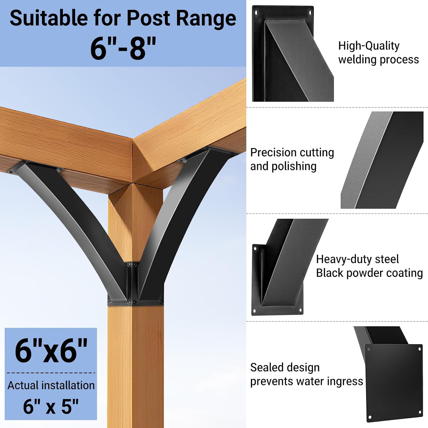 Heavy Duty Arc 45 Degree Angle Bracket, Wood Pergola Bracket Kit-4 Pcs for 6''x6'' Post, Pergola Accessories, for Gazebos, Decks, Porches, Log Cabins etc., Wood Post and Beam Angle Support Brackets