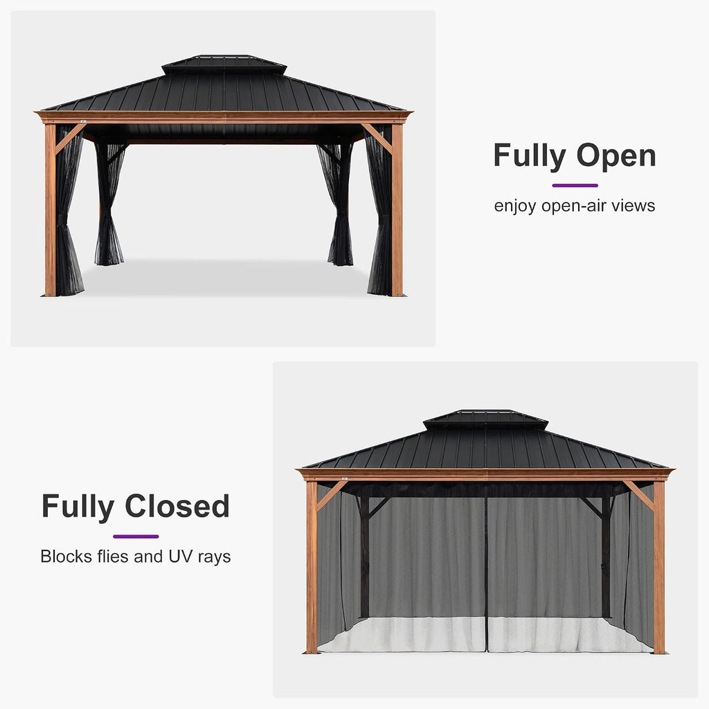 PURPLE LEAF 12' X 14' Outdoor Hardtop Gazebo for Patio Galvanized Steel Double Roof Permanent Canopy Teak Finish Coated Aluminum Frame Pavilion Gazebo with Netting and Lights