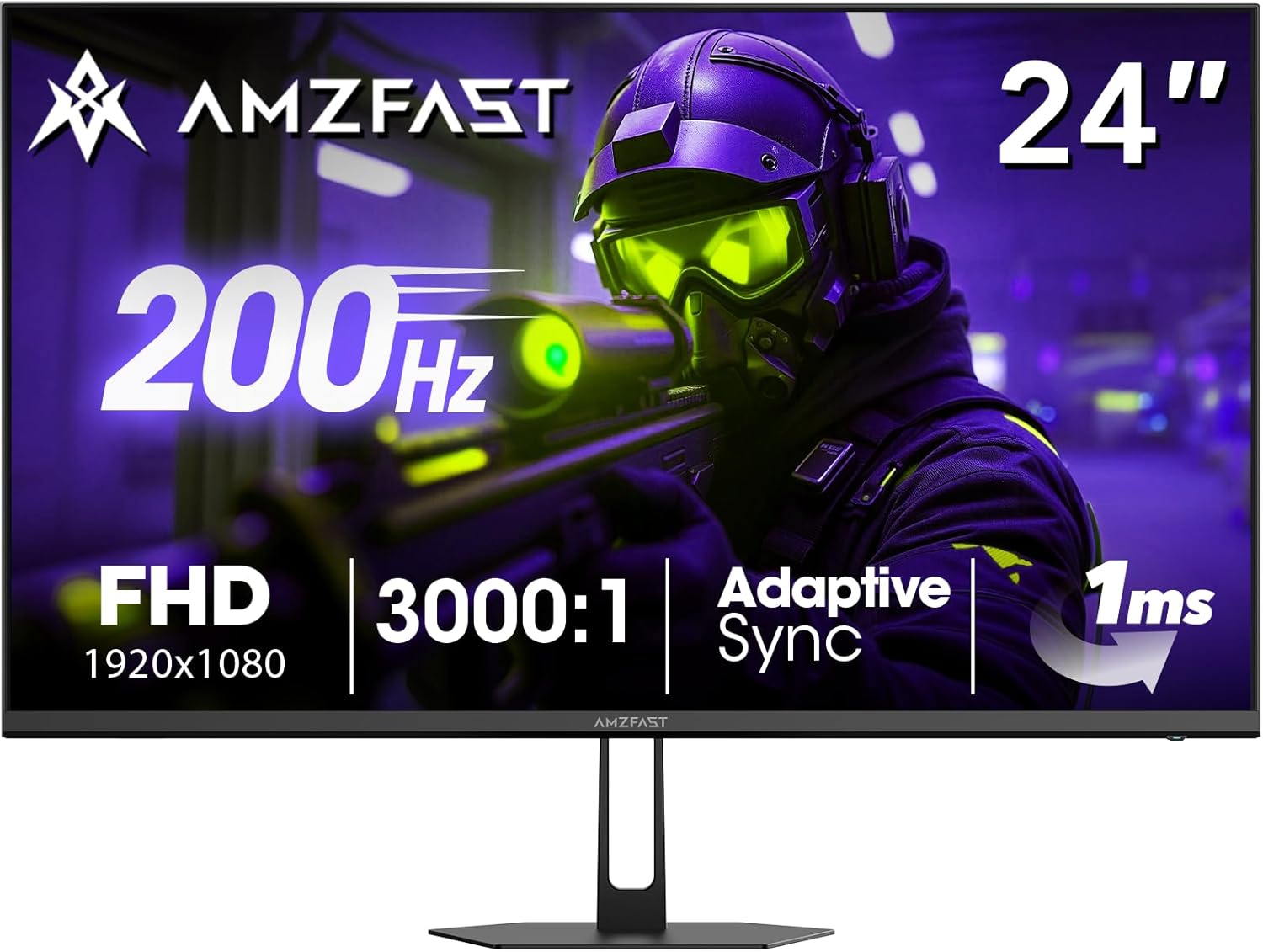 Amzfast 24 Inch Gaming Monitor 180Hz 200Hz FHD 1080p Computer Monitor, 1ms Adaptive Sync, 3000:1, 129% sRGB, HDR Display, Eye Care, VESA 75x75, Metal Stand, HDMI 2.0 | DP 1.4, AMZG24X1
