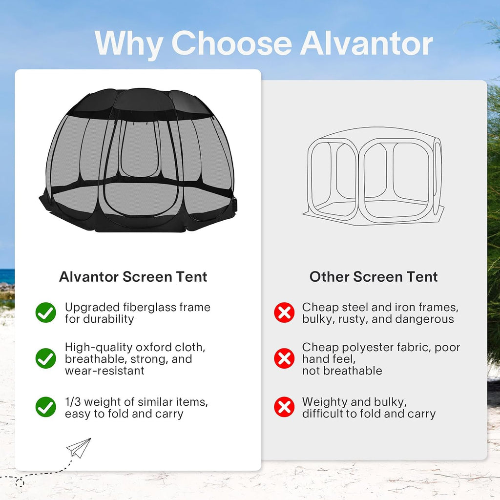 Alvantor® Pop Up Screen House, Outdoor Mosquito Mesh Tent with UV Resistant, Pop Up Canopy Easy Up, Foldable Screen Room for Camping,Backyard, Garden, Patio(Black, 15x15 FT)