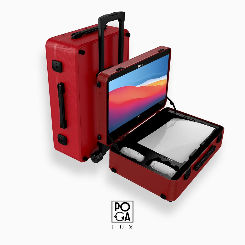 POGA LUX Compatible with PlayStation 5 Premium Portable Console Travel Case incl. Trolley and 24'' AOC Gaming Monitor - (V3 - Bluetooth Speaker Optional) Red