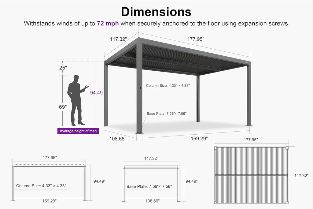 PURPLE LEAF Louvered Pergola 10' x 15' Outdoor Full Aluminum Pergola with Adjustable Rainproof Roof Modern Retractable Patio Hardtop Gazebo for Deck Backyard Garden Slate Grey