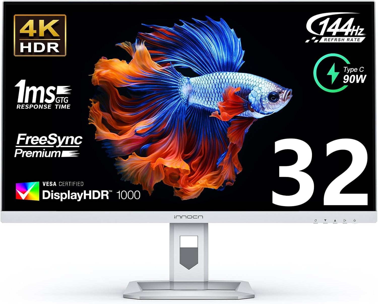 INNOCN 32' Mini LED 4K UHD 3840 x 2160 Computer Gaming Monitor 144Hz 1ms IPS HDR1000 HDMI 2.1 Monitor, 99% DCI-P3, USB Type-C Connectivity, Pivot/Height Adjustable Stand - 32M2V