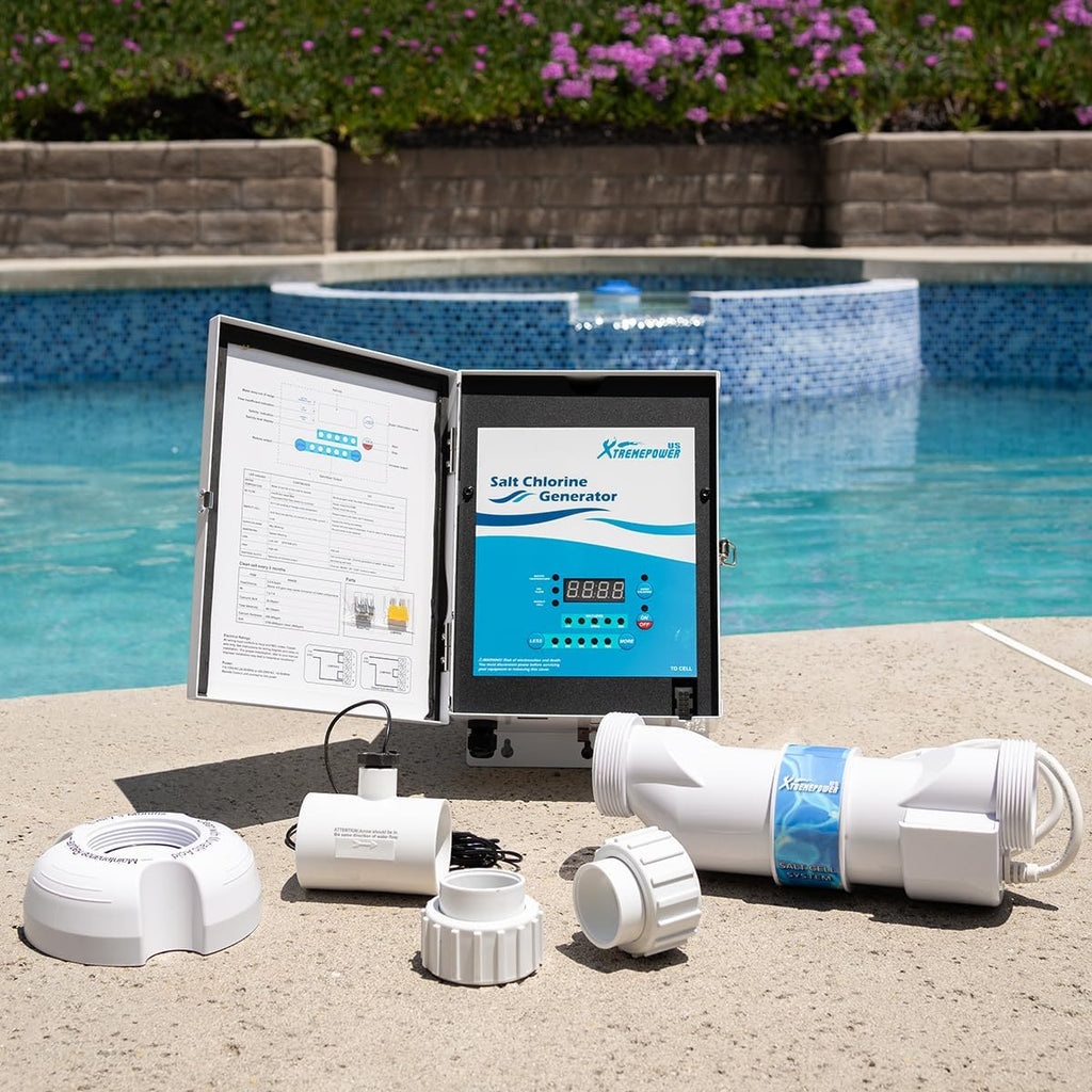 XtremepowerUS Universal 25K Saltwater Chlorinator Complete Water System Up to 25,000 Gallon Flow Switch Salt Cell Bundle Set with Cleaning Stand