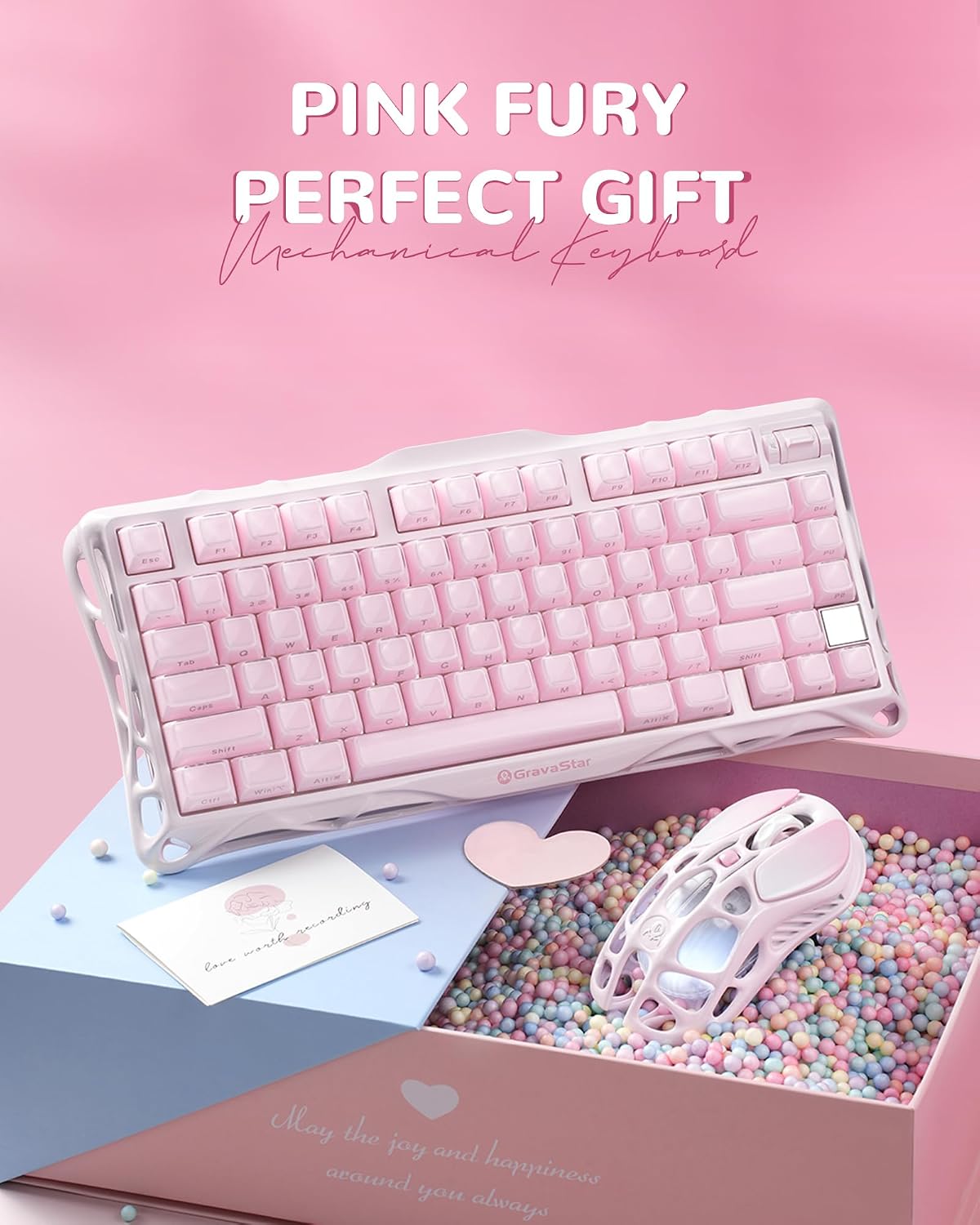 GravaStar Mercury K1 75% Pink Wireless Keyboard, Aluminum Alloy Exoskeleton Design Mechanical Gaming Keyboard, Gasket Hot-Swap Socket, Linear Switches, RGB Backlit