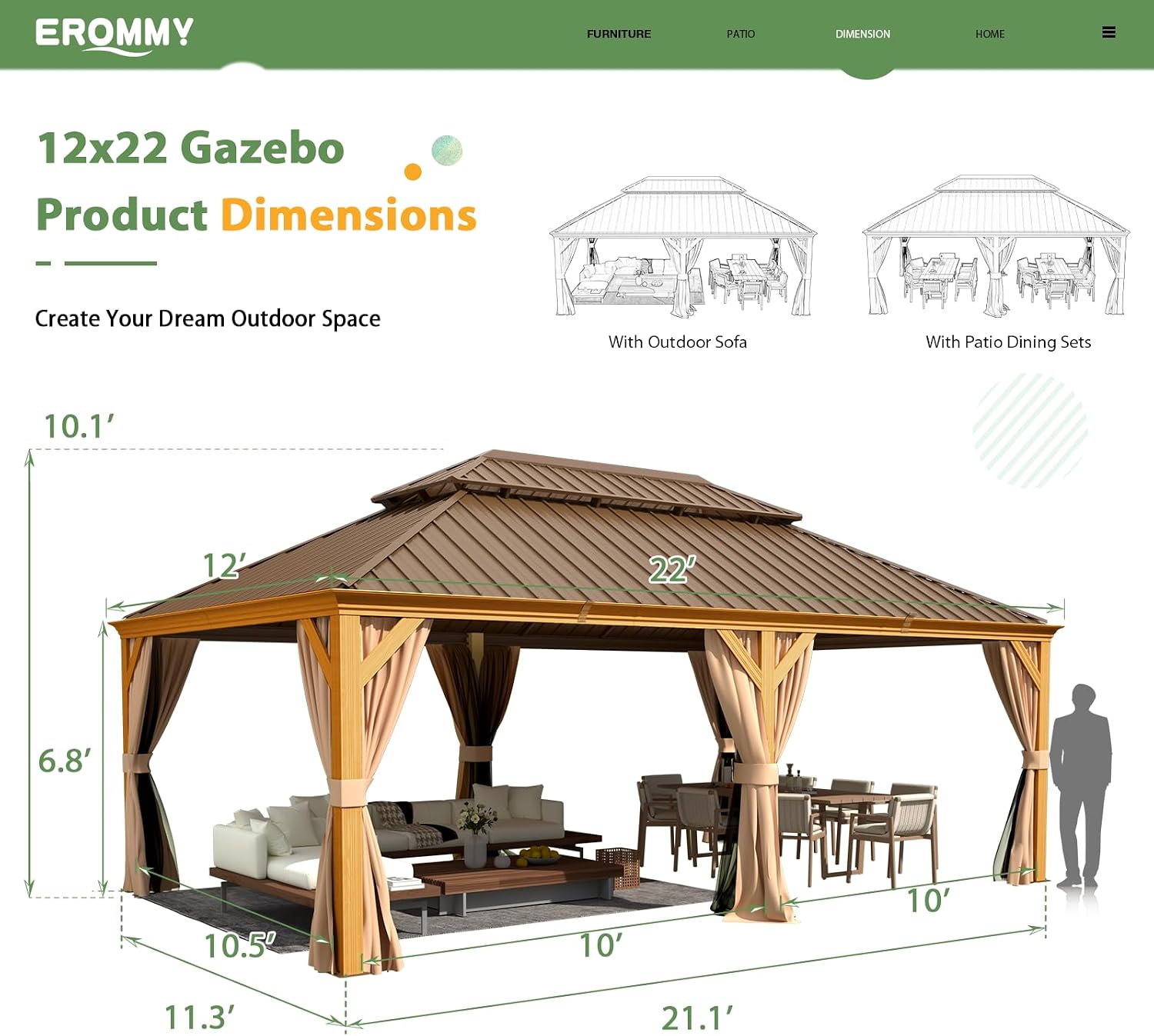 EROMMY 12'x22' Gazebo, Wooden Finish Coated Aluminum Frame Pergola with Double Galvanized Steel Hardtop Roof, Outdoor Permanent Metal Pavilion with Curtains and Nettings for Patio, Backyard and Deck