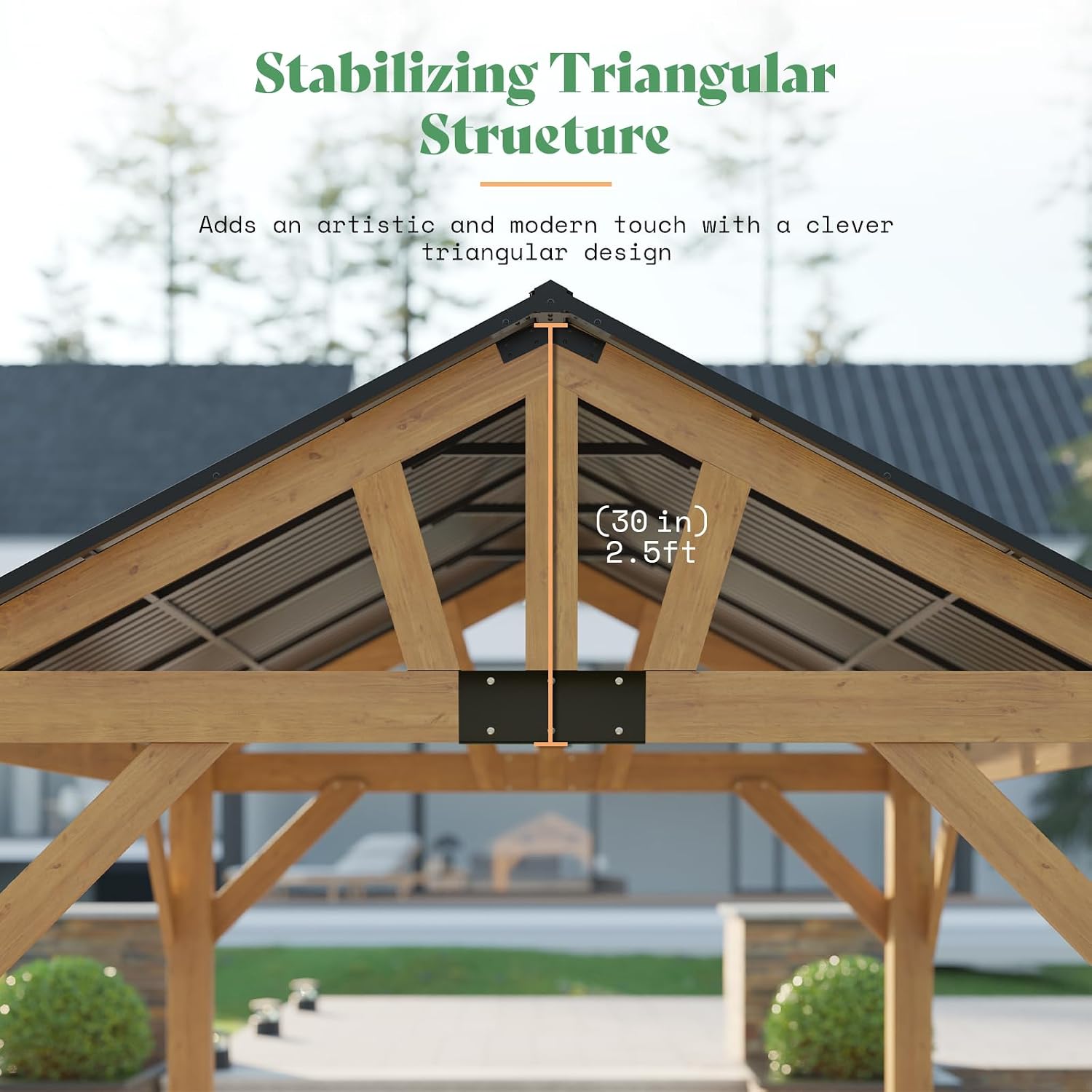 LUXOAK 13x15 FT Wood Gazebo, Hardtop Pergola with Steel Gable Roof, Outdoor Gazebo with Guest House for Garden, Porch, Patio, Black + Natural Wood