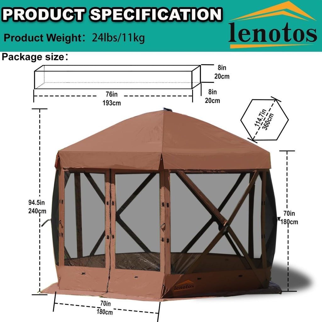 Lenotos 12 x 12 FT Pop Up Screen Tent, Portable Outdoor Camping Gazebo with Ground Stakes and Carry Bag