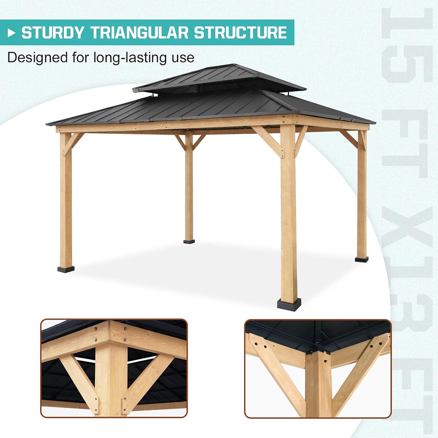 EAGLE PEAK 13x15 Hardtop Gazebo, Galvanized Steel Double Roof Gazebo with Cedar Wood Frame, Outdoor Pavilion for Patio, Deck, Lawn and Garden, Natural Wood/Black