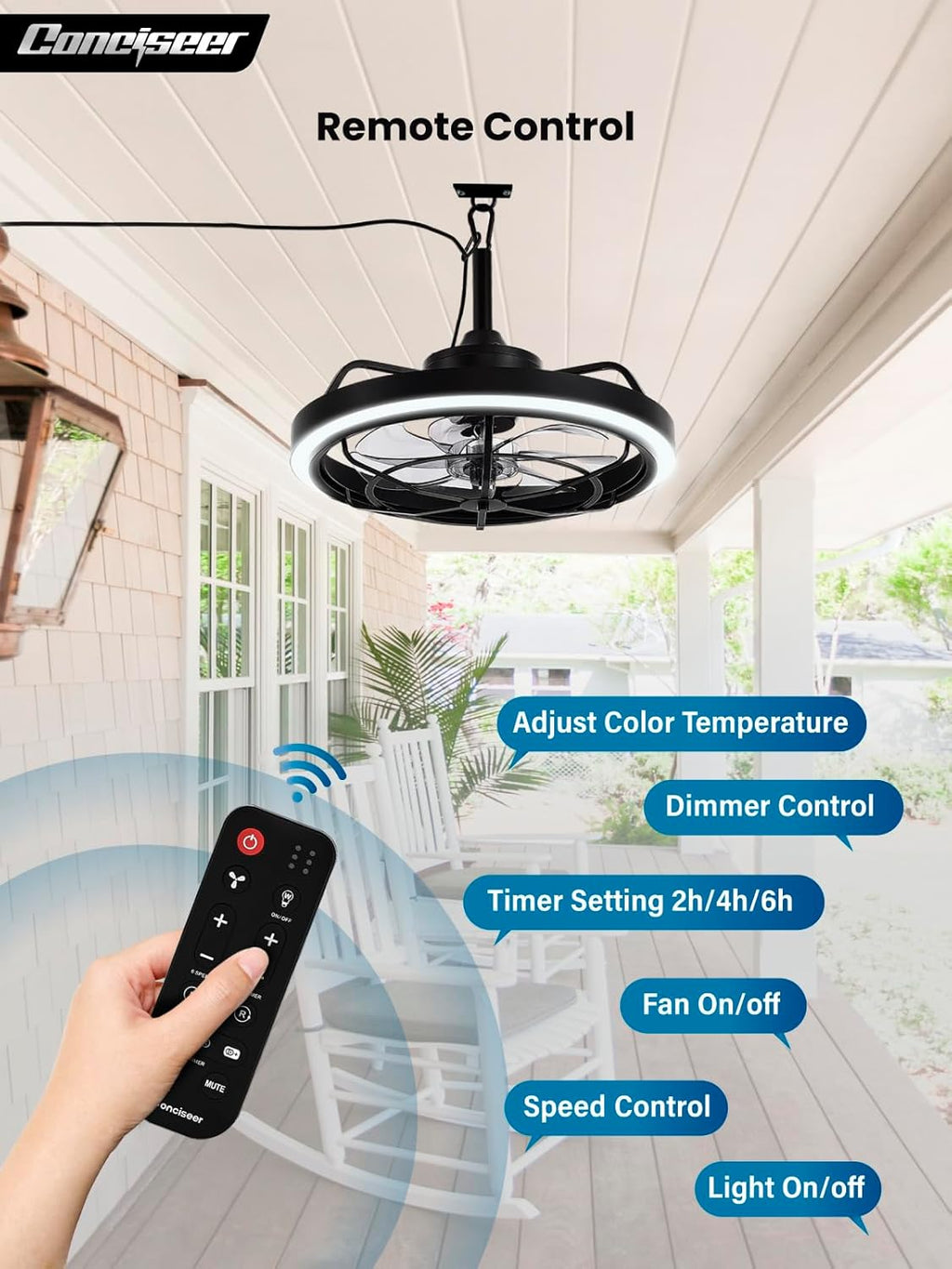 Conciseer Outdoor Ceiling Fan with Light for Patio, 20' Waterproof All-Weather Plug-in Hanging Fan, Smart APP/Remote Control, 3CCT Dimmable LED, Caged Design for Gazebo, Pergola, Porch