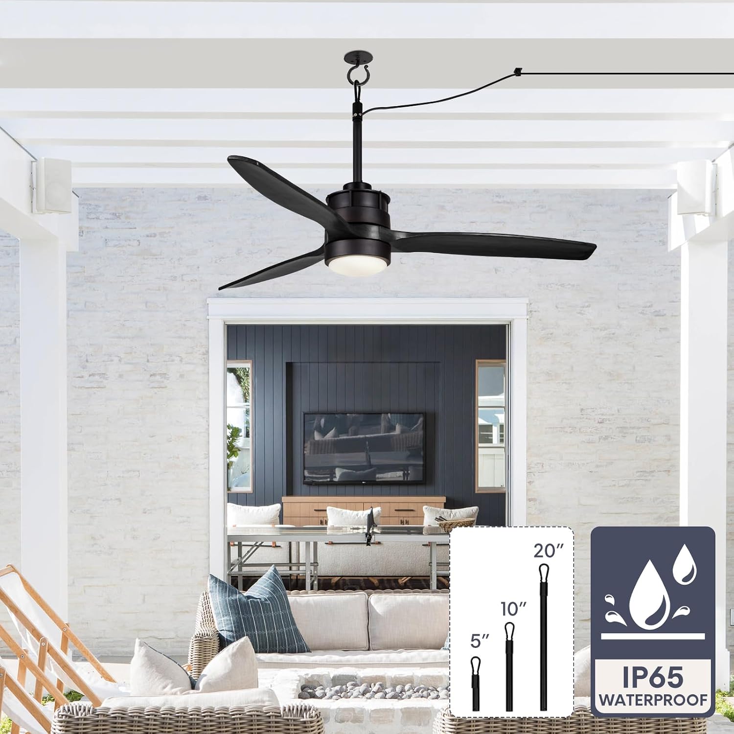 EKIZNSN 42' Wet Rated Gazebo Ceiling Fans Outdoor Hanging for Patios Waterproof, Pergola Ceiling Fan with Light, Hook Installation, Black