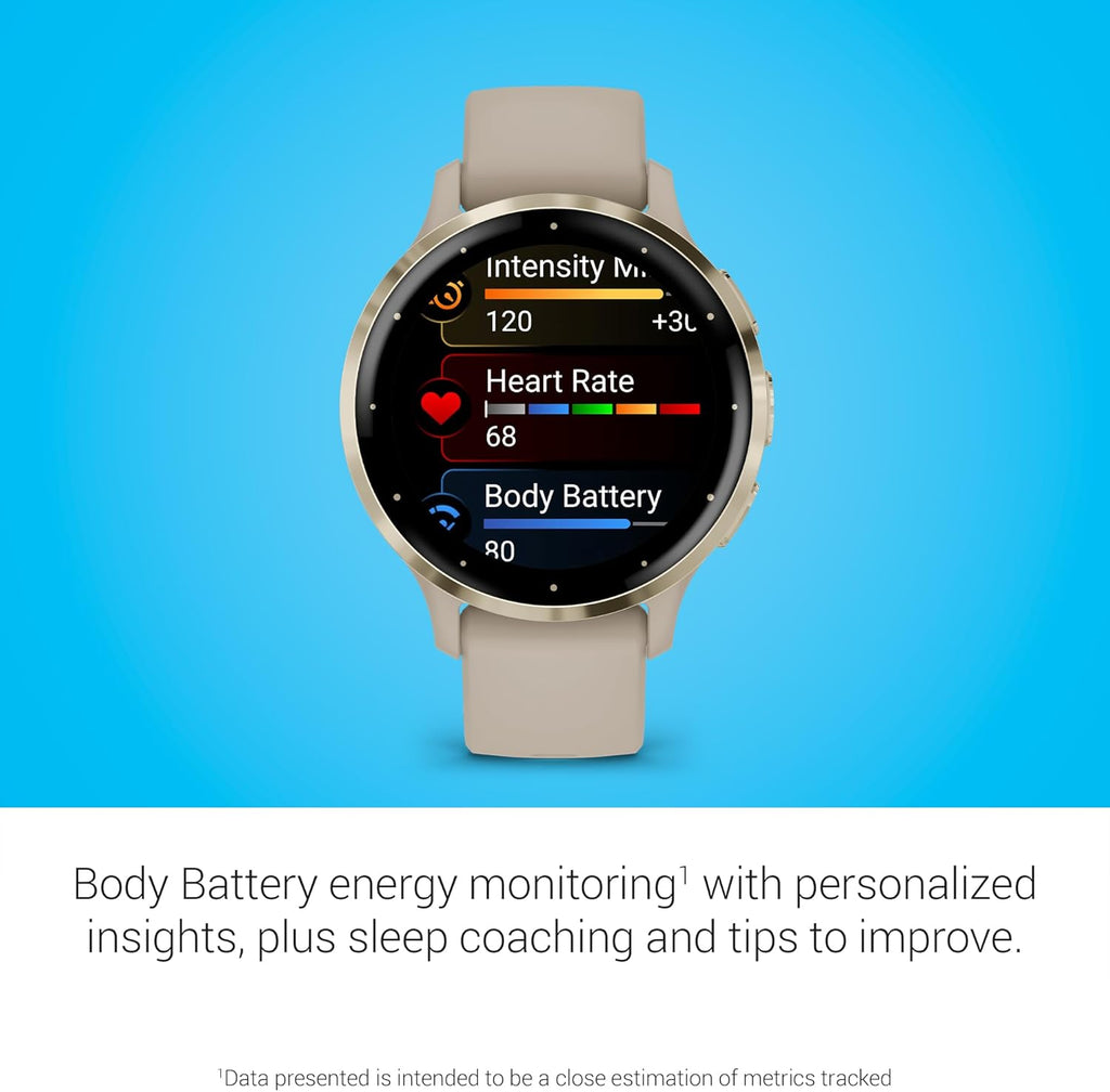 Garmin Venu 3S Running GPS Smartwatch with AMOLED Display, Advanced Health, Fitness Features, Up to 14 Day Battery Life with Signature Series Modern Power Stand | Gold with French Gray Silicone Band