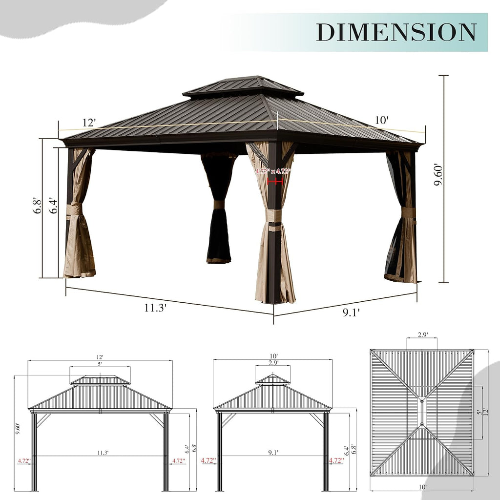 Domi 10x12 Outdoor Gazebo, Hardtop Gazebo with Aluminum Frame, Heavy Duty Pavilion Gazebo for Patio Deck Backyard, Curtain and Netting Included, Dark Brown