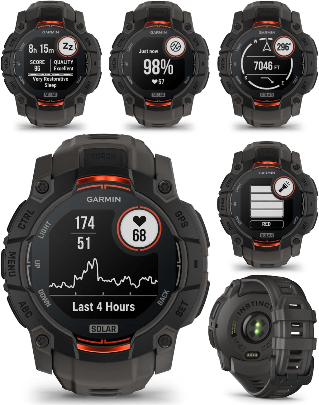 Garmin Instinct 3 Solar 50 mm, Rugged Outdoor GPS Smartwatch, Built-in Flashlight, Up to 40 Days of Battery Life, Black with Charcoal Band Bundle