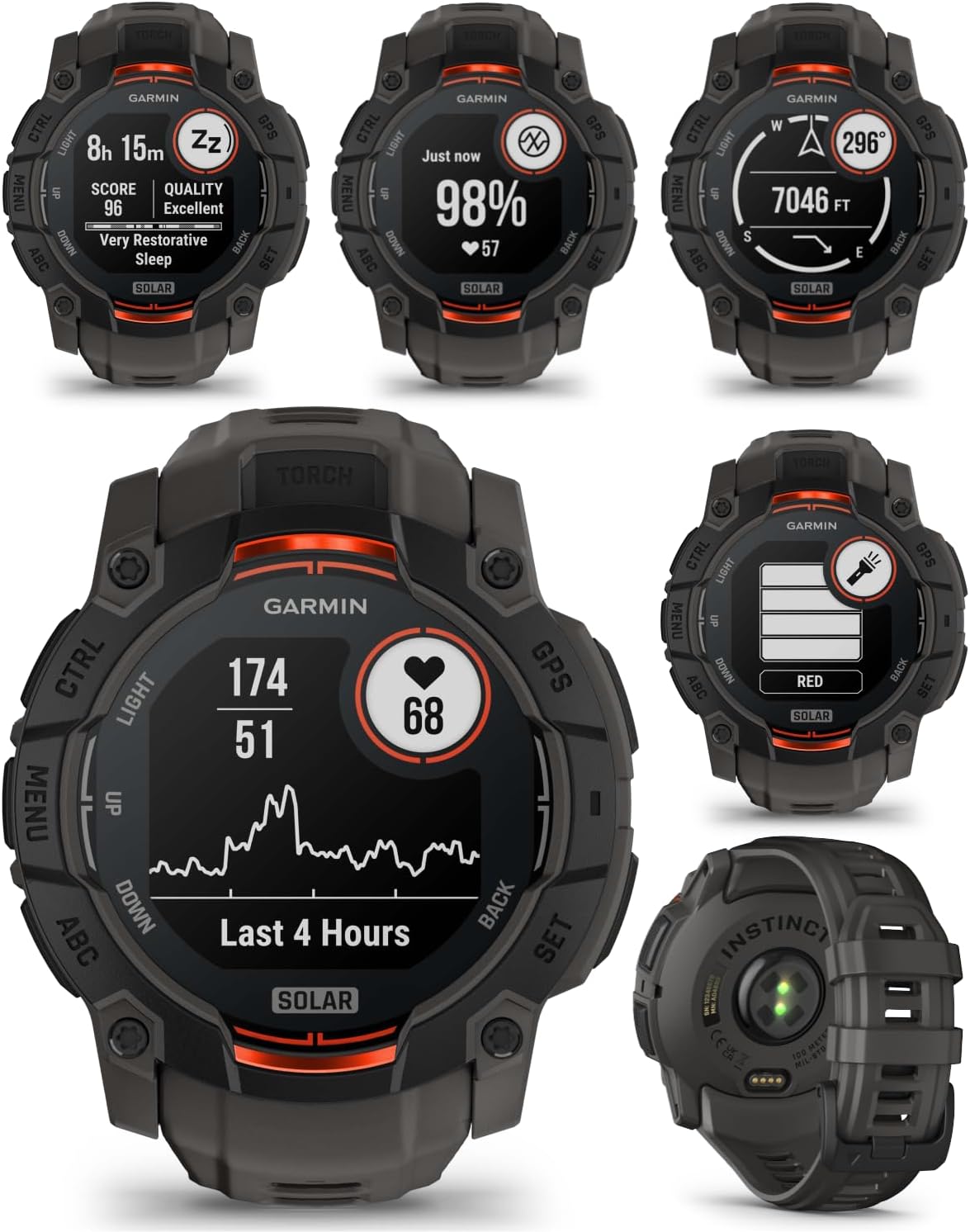 Garmin Instinct 3 Solar 50 mm, Rugged Outdoor GPS Smartwatch, Built-in Flashlight, Up to 40 Days of Battery Life, Black with Charcoal Band Bundle