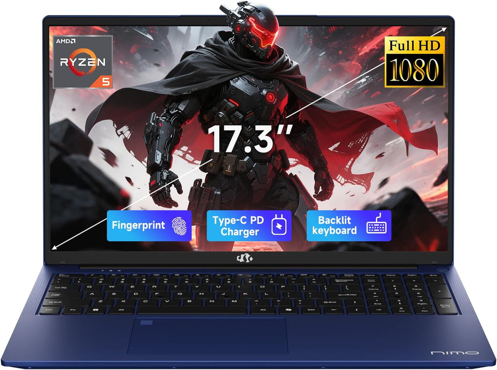 NIMO 17.3' IPS FHD-Gaming-Laptop, AMD Ryzen 5 6600H 16GB DDR5 RAM 1TB SSD (Beat i7-1165G7 Up to 4.5GHz) Radeon 660M GPU-Computer with 100W Type-C Backlit Keyboard Fingerprint