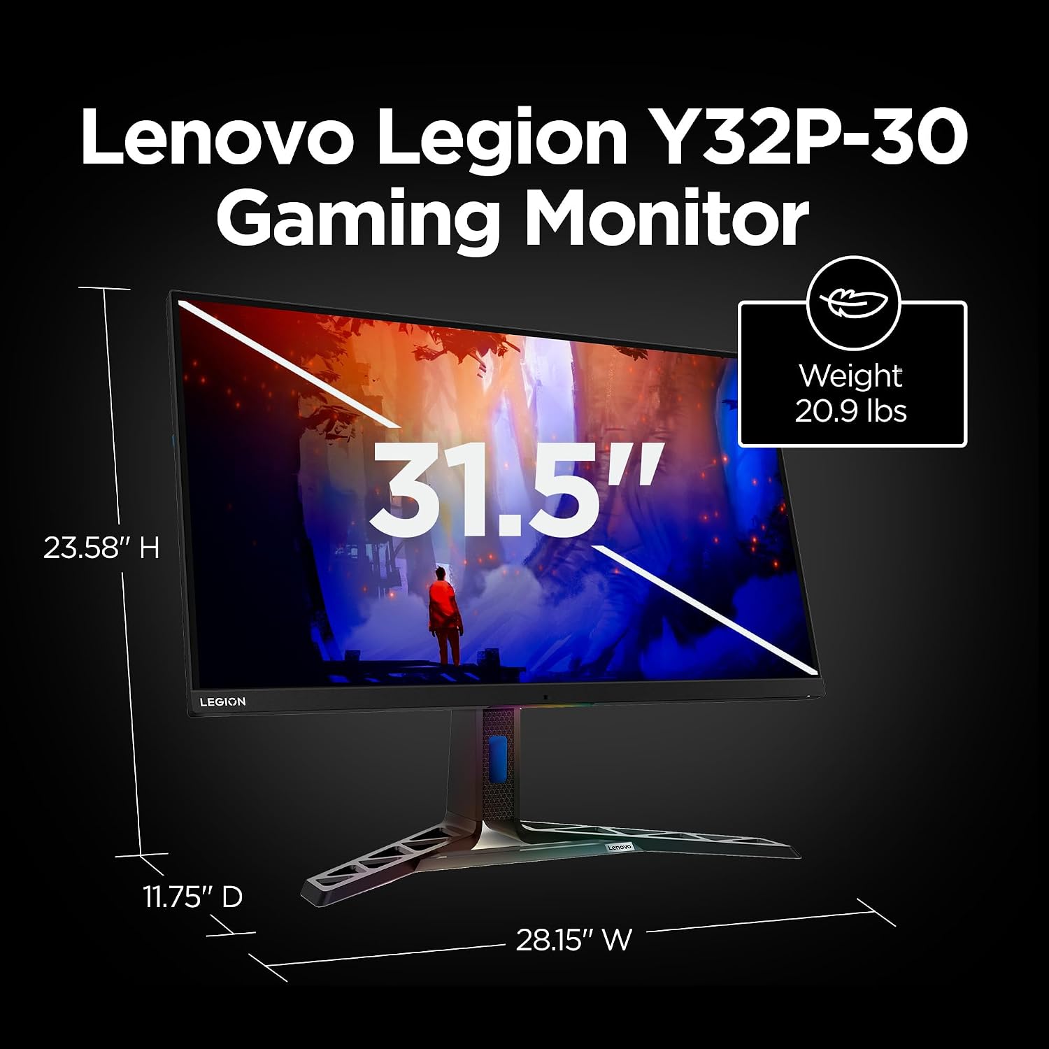 Lenovo Legion Y32p-30 Monitor - Gaming Monitor - 31.5' UHD IPS Display - 144Hz - DisplayHDR™ 400 - AMD FreeSync™ Premium - 0.2ms MPRT - Raven Black - NearEdgeless Design