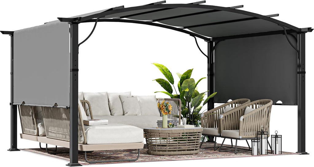 HAPPATIO 12' x12' Outdoor Retractable Pergola, Aluminum Pergola with Canopy Fixed in Various Positions, Arched Roof with Sun Shade Canopy Metal Frame for Backyards, Gardens, Patios (Grey)