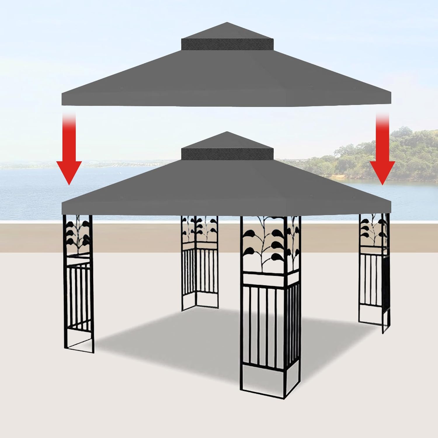 10x10 Ft Gazebo Canopy Replacement Cover, Double Tiered Gazebo Replacement Top (Grey)