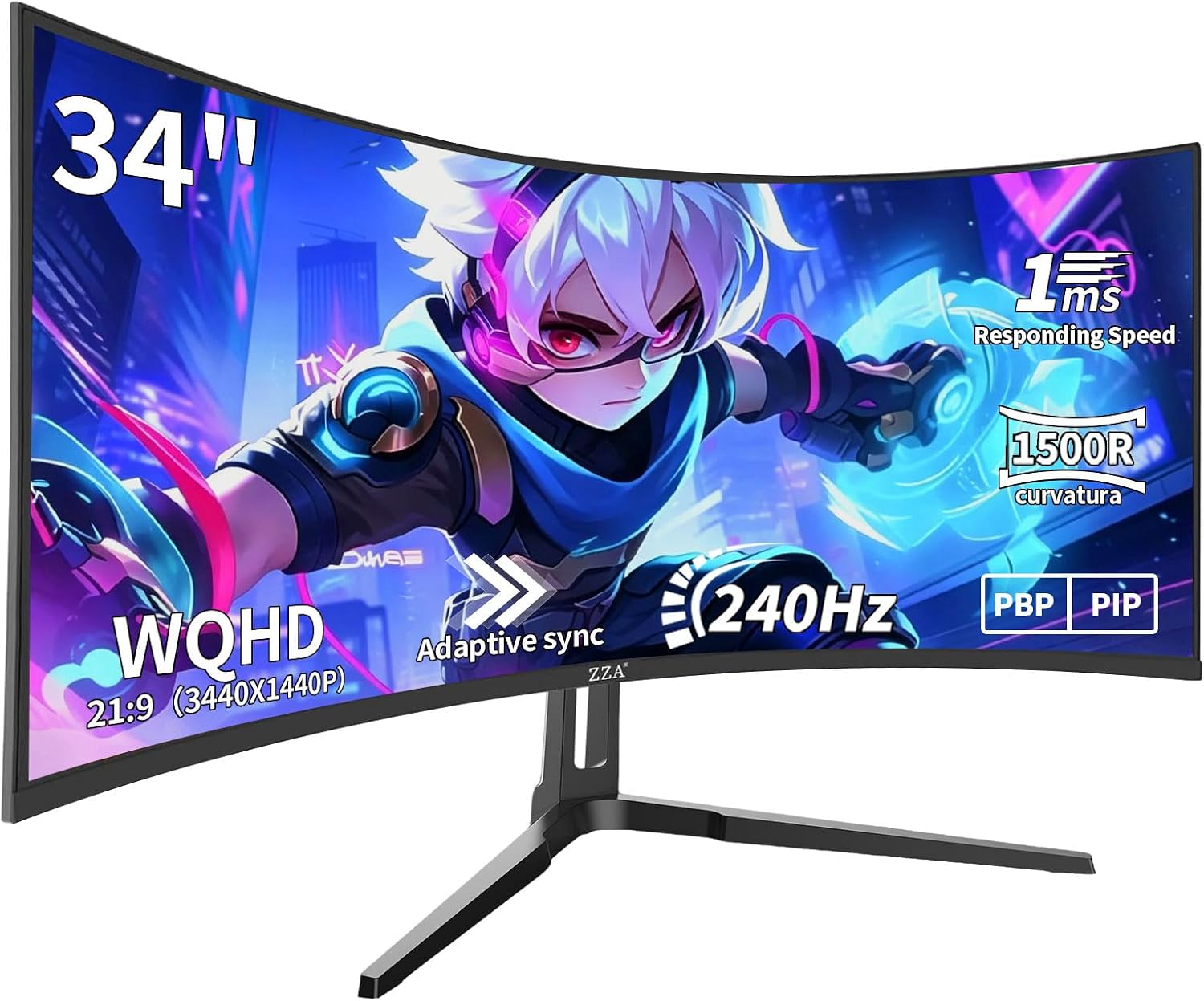 ZZA 34 Inch Curved Gaming Monitor, 3440x1440 UltraWide WQHD 240Hz, 1ms, Adaptive-Sync, HDR Display, 1500R, Bezel-Free Design, Eye Care, VESA Mount, for Gaming, Work, Streaming, Coding, Home Office
