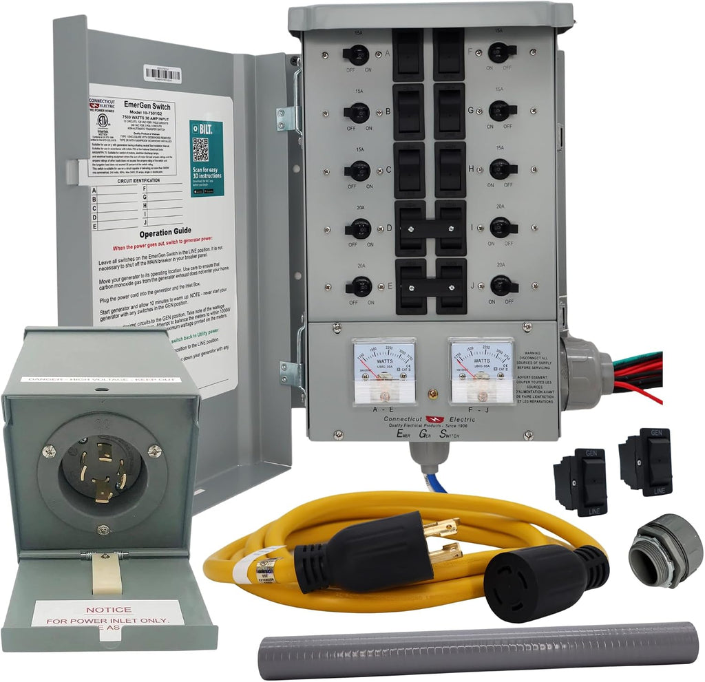 Connecticut Electric EmerGen Transfer Switch, 30 Amp 10-Circuit, 10 ft Cord, 7,500 W — Service Kit w/ 2 Extra Rocker Switches