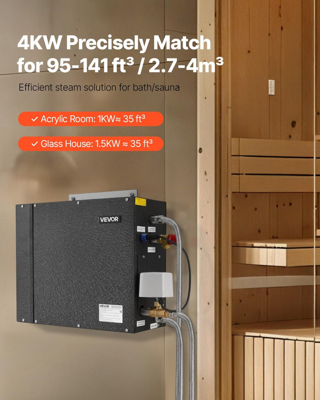 VEVOR Steam Generator, 4 kW Steam Shower System with Controller for Home Sauna & Spa, Commercial Auto Drain Kit with Overheat, Dry-Run & Overpressure Protection, 10min to 24h Timer, Black