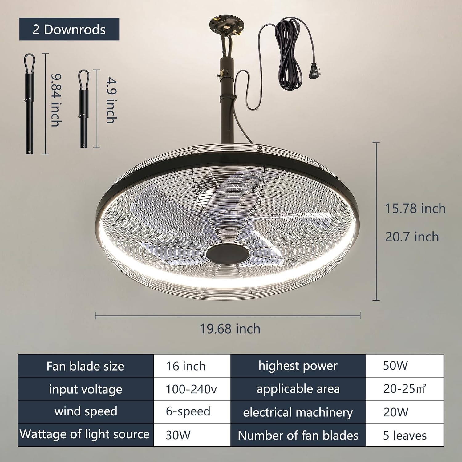 AHAWILL Outdoor Ceiling Fans with Lights, 20'' Gazebo Fan, Plug in Ceiling Fan for Patios, Pergola, Ceiling Fan with Remote Control, Hanging with Hook,Black