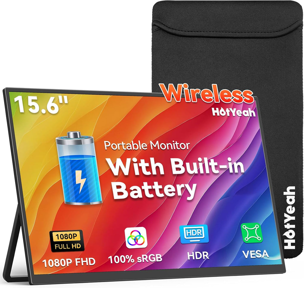 Wireless Portable Monitor Battery-Powered, Support AirPlay Miracast, 15.6' 1080P IPS Monitor USB-C HDMI External Display, 2nd Screen for Laptop MacBook PC Phone Tablet, w/Built-in Battery(4- 5H)