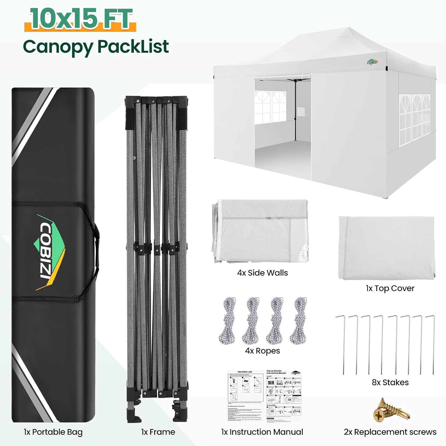 COBIZI 10x15 Pop up Canopy Gazebo 3.0, Easy up Heavy Duty Canopy with 4 Removable Sidewalls, High Stability, All Weather Sunshade 100% Waterproof Outdoor Canopy Tents, White