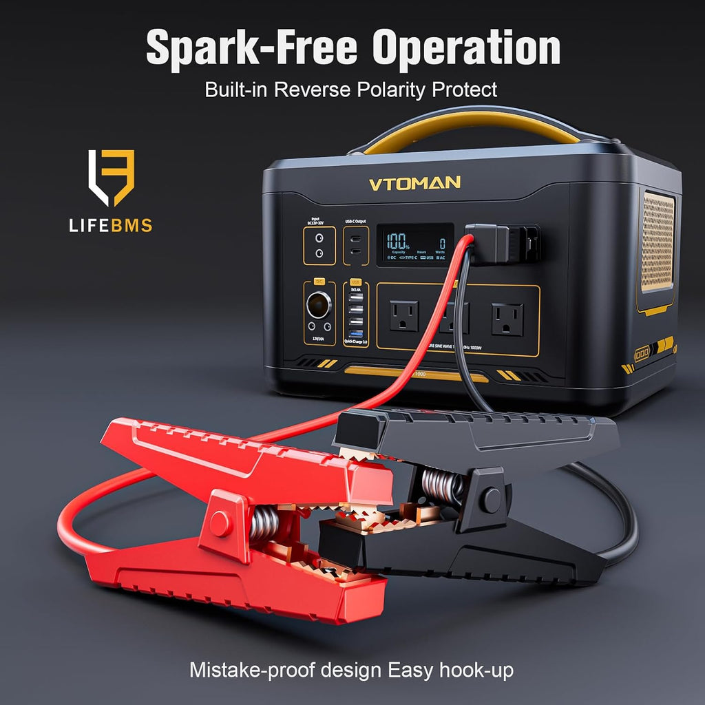 VTOMAN Jump 1500X Portable Power Station with Jumper Cables, 828Wh LiFePO4 Battery Solar Generator & Car Jump Starter, 1500W AC Outlet, 100W PD Type-C&Regulated DC for Home Backup Roadside Emergencies