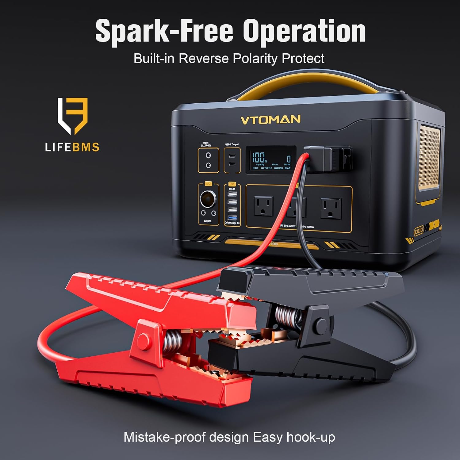 VTOMAN Jump 1500X Portable Power Station with Jumper Cables, 828Wh LiFePO4 Battery Solar Generator & Car Jump Starter, 1500W AC Outlet, 100W PD Type-C&Regulated DC for Home Backup Roadside Emergencies