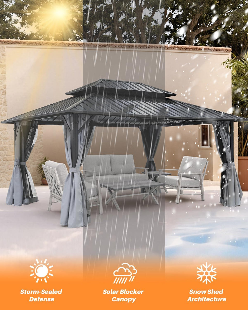 10' x 12' Hardtop Gazebo, Aluminum Frame Outdoor Patio Gazebo with Netting and Curtains, Outdoor Hardtop Gazebos, Patio Pergolas with Double Metal Roofs for Backyard, Patio, Deck, Slate Gray
