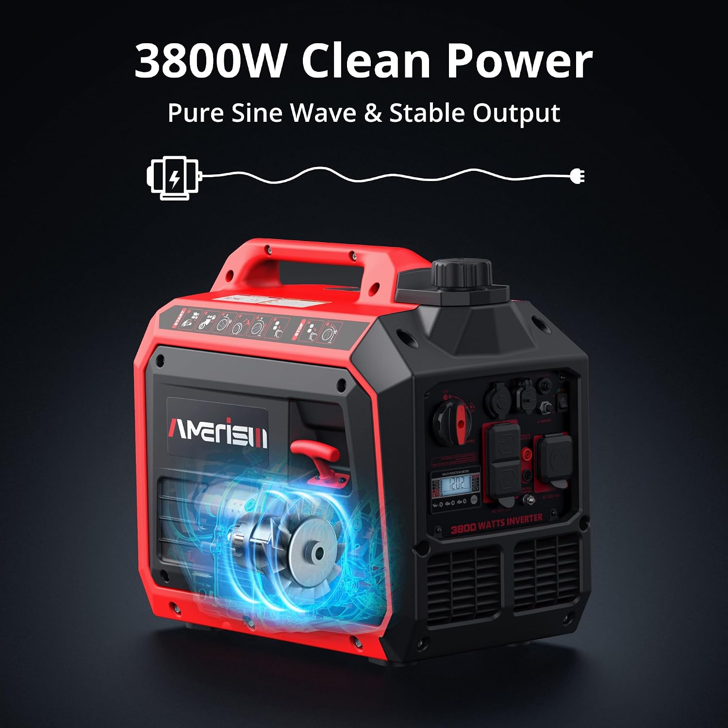 AMERISUN 3800W Portable Inverter Generator, CO Sensor, Gas Powered Generator, Super Quiet for Home Use, ECO Mode EPA Compliant, Parallel Capable Long Run Time for Camping Tailgating Emergency