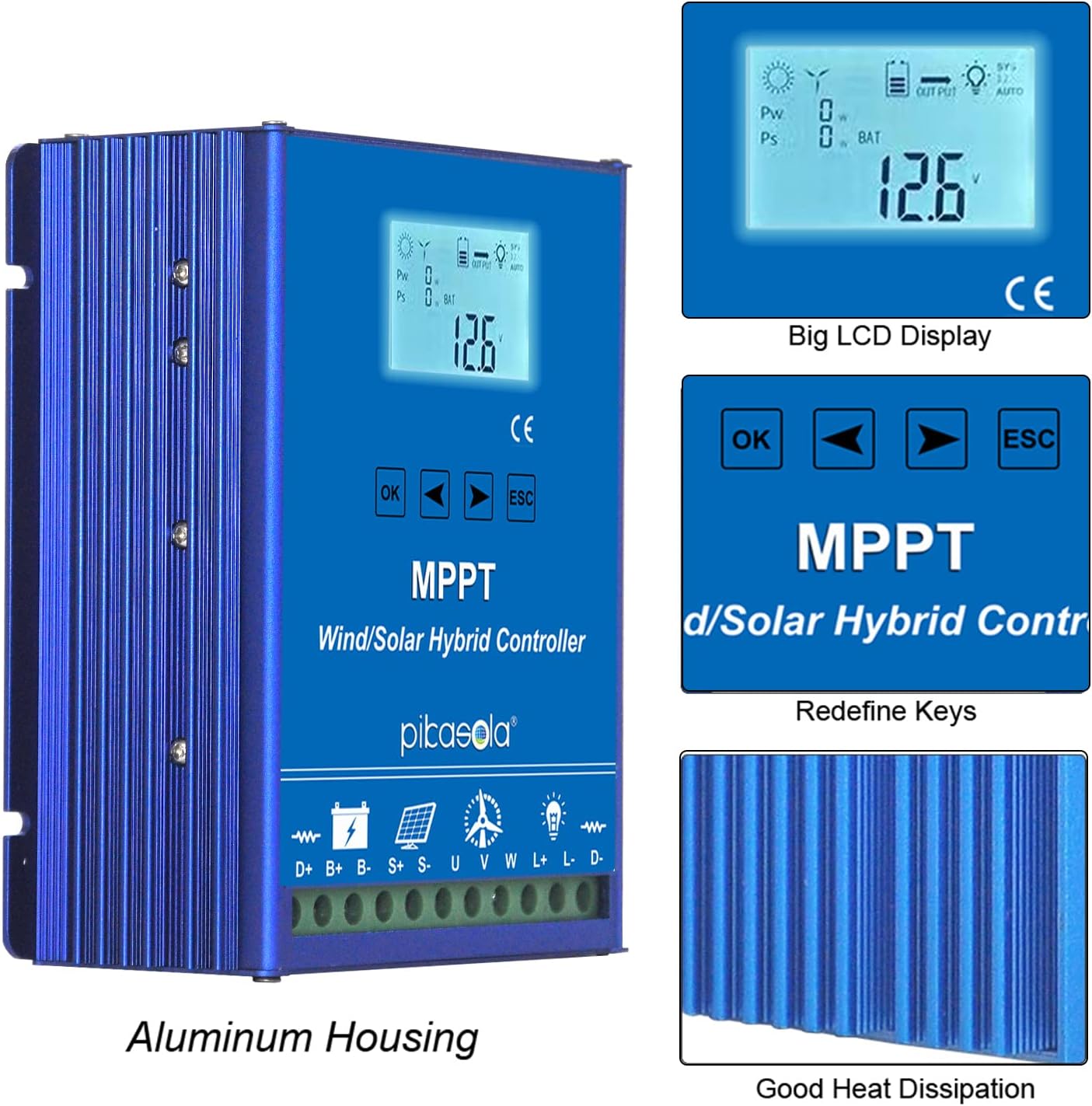1400W Off Grid with Unloader Hybrid Wind Solar Controller Auto 12/24V Battery MPPT Charge Boost Float of max 800w Wind Turbine Generator 600w Solar Panel Home Street Light Controller