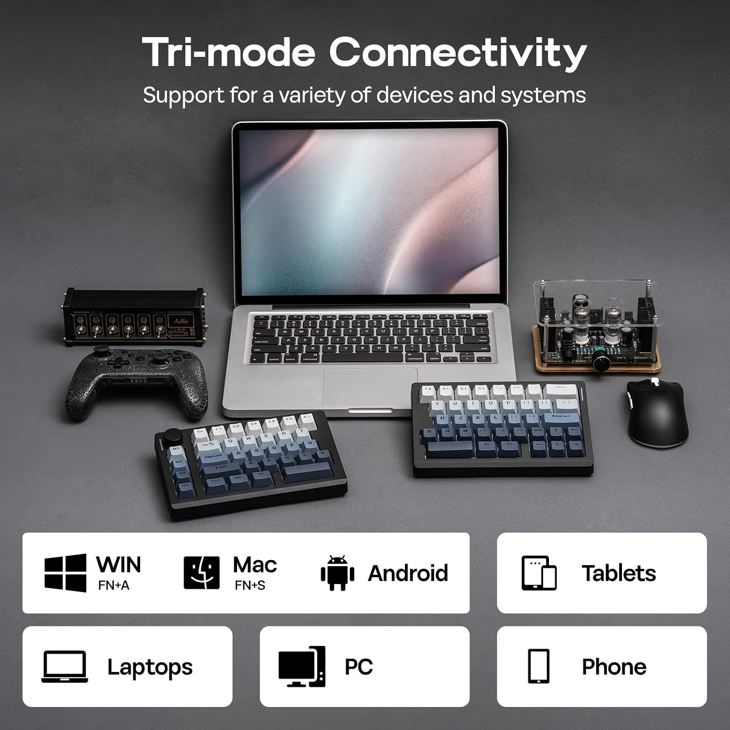 EPOMAKER Split70 Wireless Ergonomic Keyboard with QMK/VIA and Knob, Mechanical Gaming Keyboard with RGB, Hot-Swap, Creamy Linear Switch, PBT Keycap, Mac Modifier, Gasket, 70% Split Layout (Black)