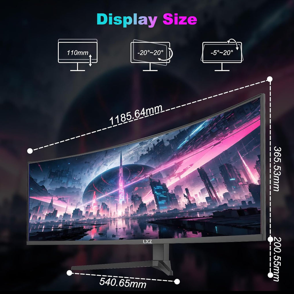 LXZ 49.5' Curved Gaming Monitor, 5120x1440 DQHD Ultrawide 32:9, 165Hz, 1ms MPRT, AMD FreeSync Premium, Height/Pivot/Swivel Adjustable, HDMI 2.1 & DP 1.4, VESA 75×75mm Mount Compatible