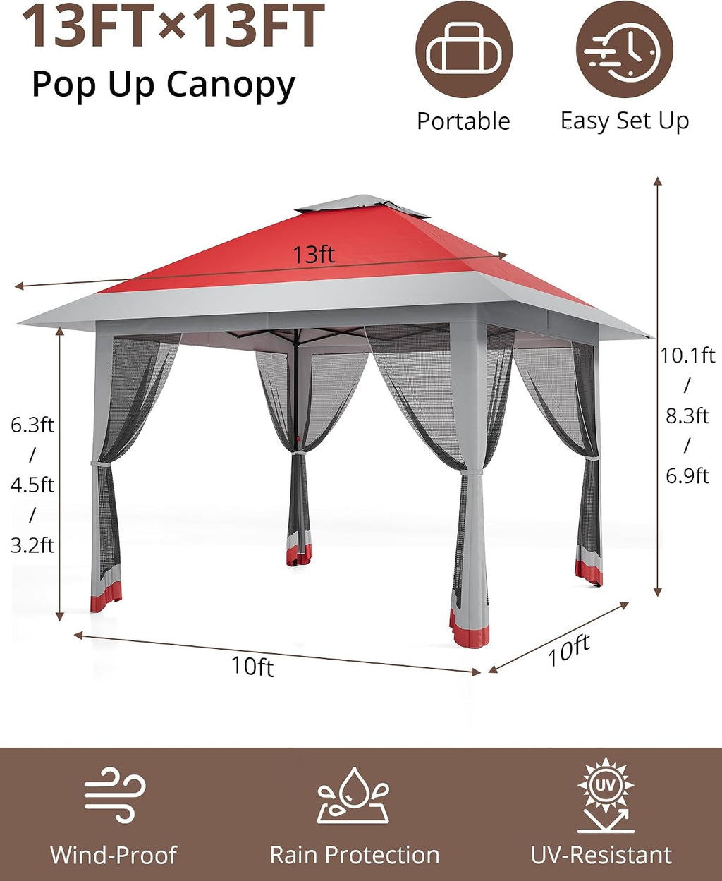 13x13ft Pop Up Gazebo, Outdoor Canopy Tent with Mosquito Netting, Heavy Duty Party Tent Shelter with Waterproof and Ultraviolet Double Roof for Backyard, Garden, Lawn and Deck (Red)