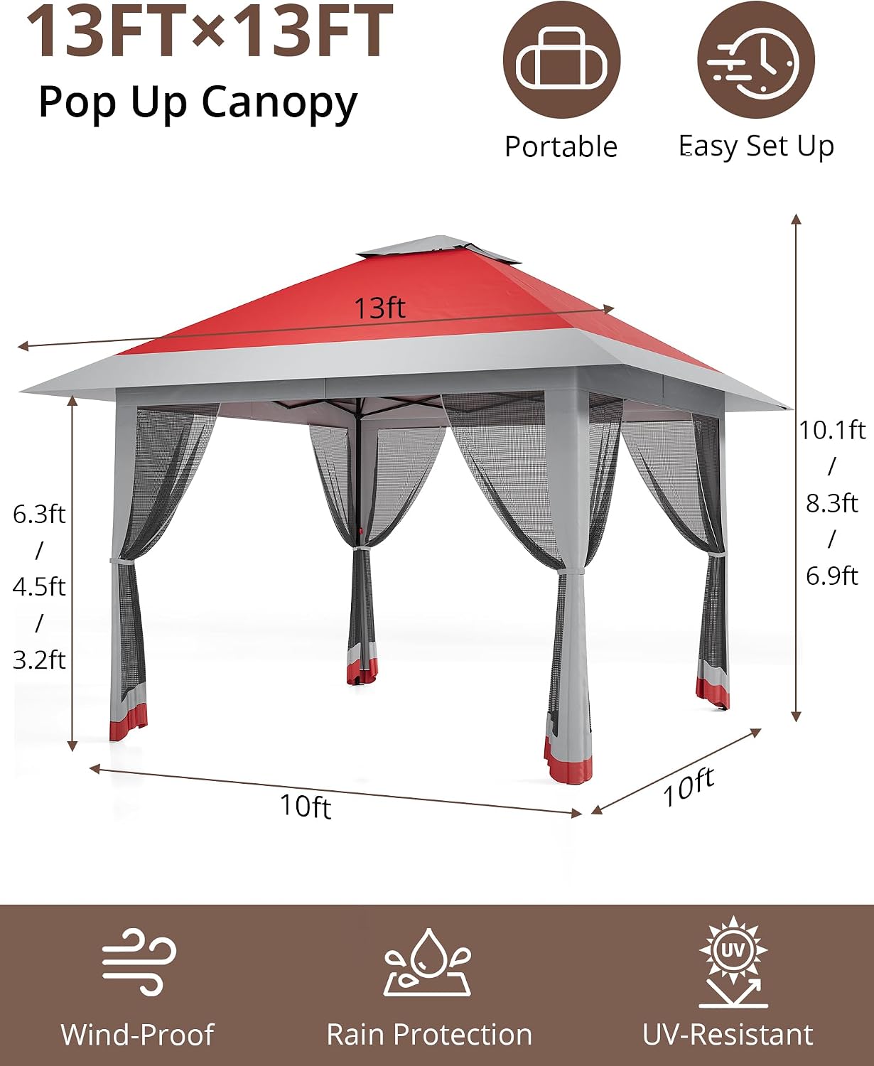 13x13ft Pop Up Gazebo, Outdoor Canopy Tent with Mosquito Netting, Heavy Duty Party Tent Shelter with Waterproof and Ultraviolet Double Roof for Backyard, Garden, Lawn and Deck (Red)