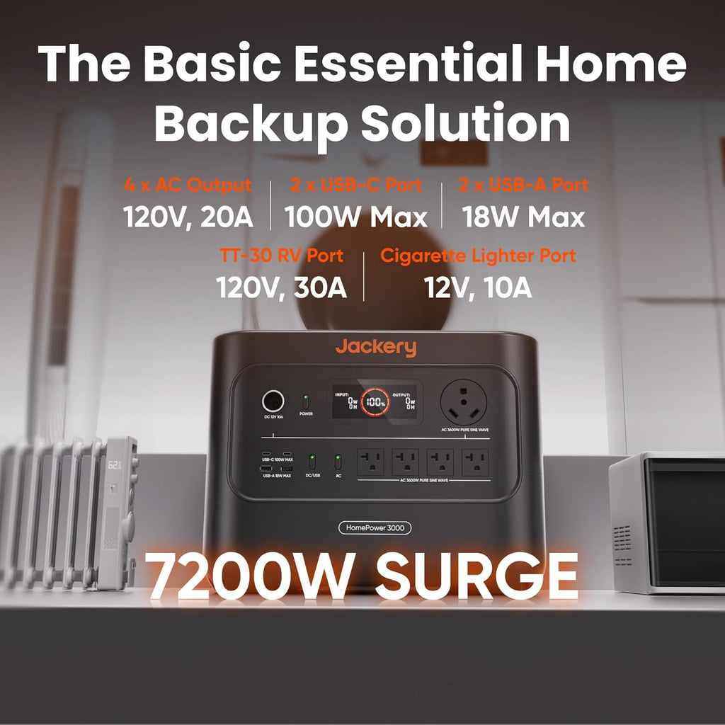 Jackery HomePower 3000 Portable Power Station with DC-DC Alternator Charger, 3600W (Surge 7200W) Output, 3072Wh LFP Solar Generator, Essential Backup for Home Use, Power Outage, Emergencies, RVs